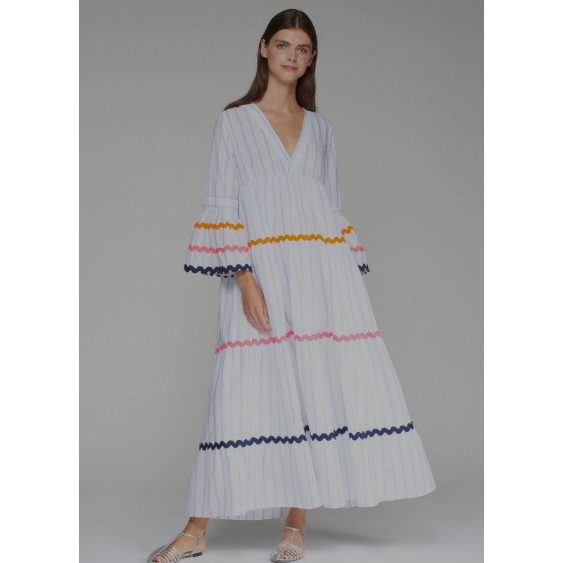 VESTIDO VOLANTES ONDULINAS RAYA CELESTE LYONCEL LINO