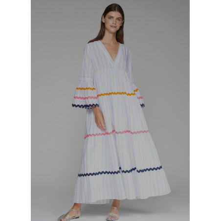 VESTIDO VOLANTES ONDULINAS RAYA CELESTE LYONCEL LINO