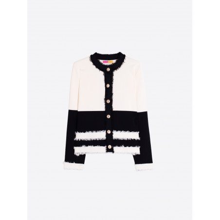 CARDIGAN BICOLOR NEGRO Y CRUDO RIBETES DESHILACHADOS