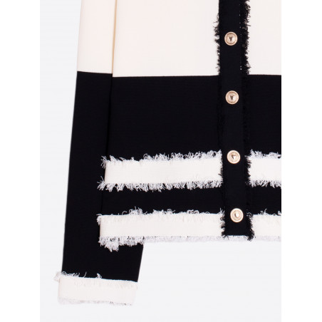 CARDIGAN BICOLOR NEGRO Y CRUDO RIBETES DESHILACHADOS