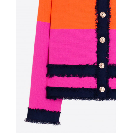 CARDIGAN BICOLOR NARANJA Y FUCSIA RIBETES MARINO